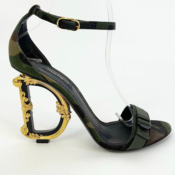 Dolce & Gabbana Keira Green Camouflage DG Logo Baroque Heel Sandals IT 39.5 - Picture 2 of 10